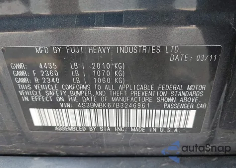 2011 Subaru Legacy 2.5I Limited from USA, damaged, VIN 4S3BMBK67B3246961